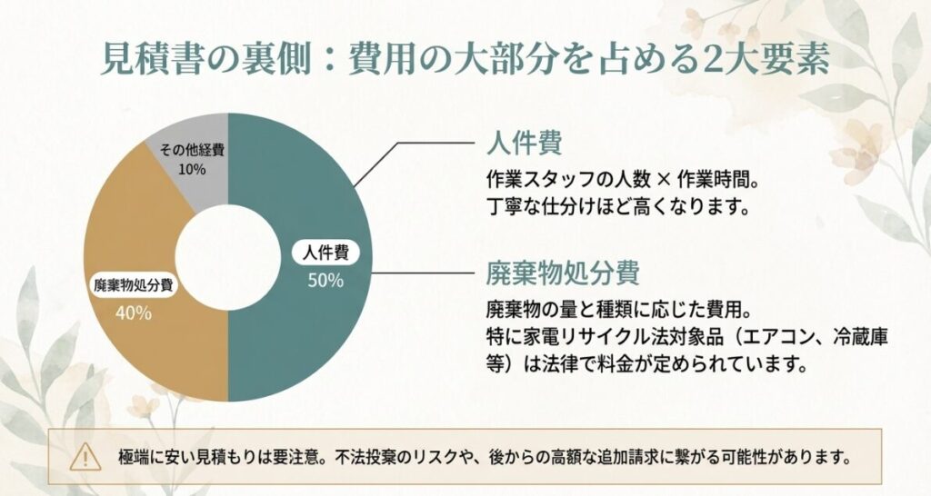 人件費50％、廃棄物処分費40％、その他10％という遺品整理費用の構成比率を表した円グラフ