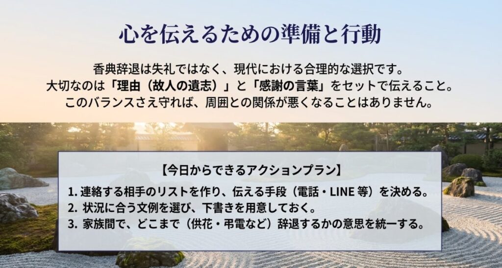 香典辞退を伝える際のアクションプランとして、連絡先リスト作成や意思統一の重要性をまとめたスライド。