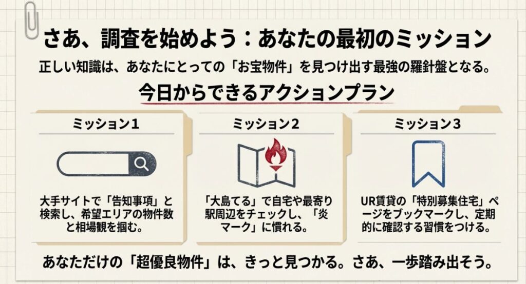 大手サイトでの検索、大島てるのチェック、URのブックマークという3つのミッションを示した画像