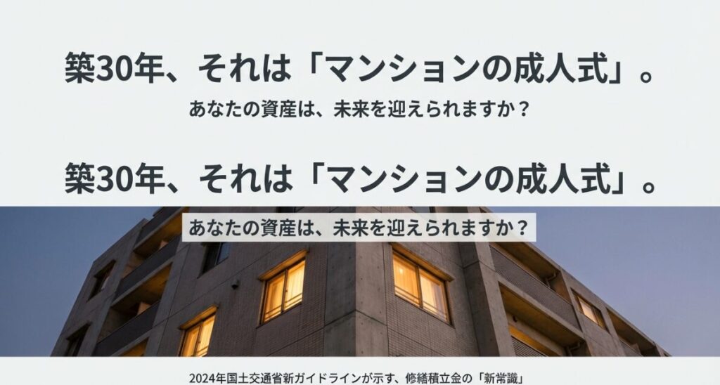 夕暮れ時のマンションの外観写真に、築30年はマンションの成人式であり資産の未来を問うキャッチコピーが添えられたスライド