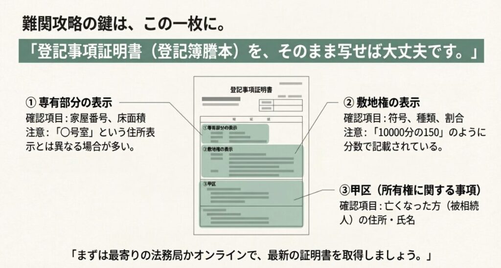 専有部分の表示や敷地権の割合など、登記事項証明書から申請書へ写すべき項目の解説