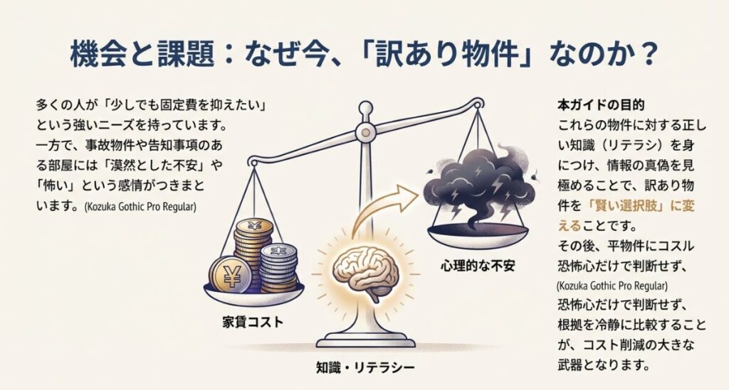 心理的な不安を正しい知識で補い、訳あり物件を賢い選択肢に変えるという本ガイドの目的を説明するスライド 。