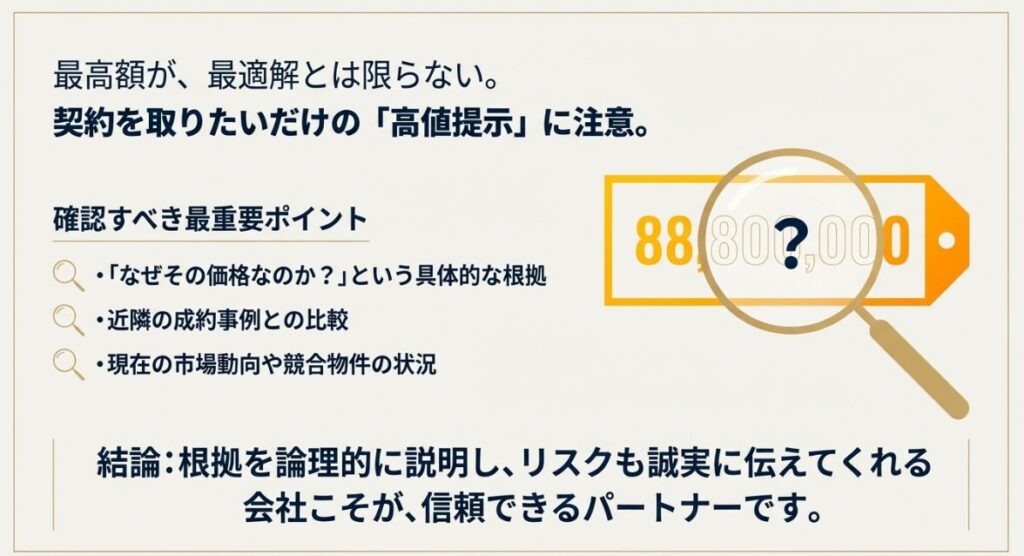 提示された高額な査定価格に惑わされず近隣事例などの具体的な根拠をチェックするポイントをまとめています