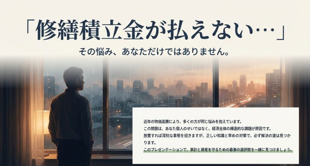 修繕積立金が払えない悩みを抱える人が増えている現状と、経済構造的な課題を説明する導入用スライド