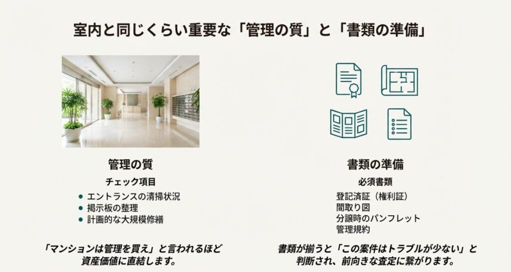 キッチンや浴室などの配管の腐食や換気状態が、中古購入者にとって最も重視されるポイントであることを示す解説図