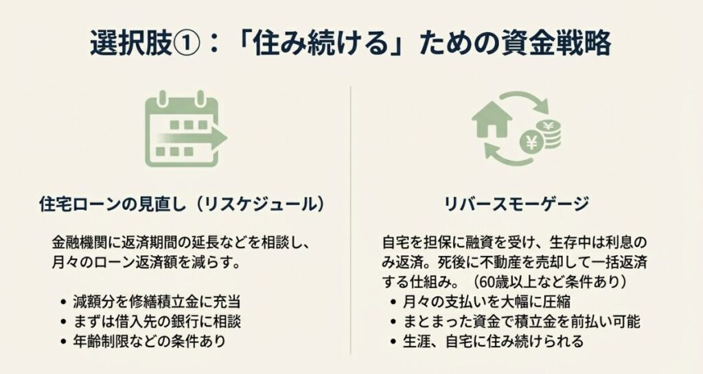 住宅ローンの見直しやリバースモーゲージを活用して、月々の支払いを軽減する仕組みの比較図