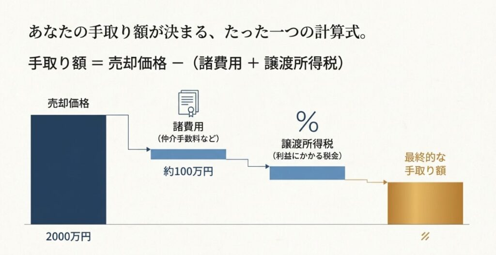 売却価格から諸費用と譲渡所得税を引いて手取り額を出す計算式を示した図解