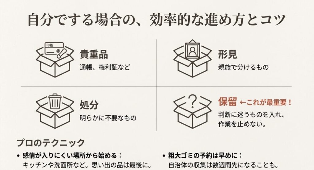 貴重品、処分、保留などの箱に分けて、感情の入りにくい場所から整理を始めるコツを紹介する図解