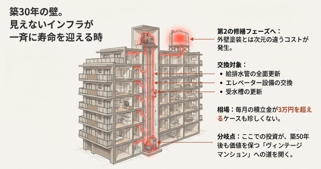給排水管やエレベーターなど見えないインフラが一斉に寿命を迎える築30年のリスク図解