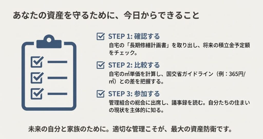 長期修繕計画の確認や総会への参加など、所有者が主体的に関わる重要性を説くスライド
