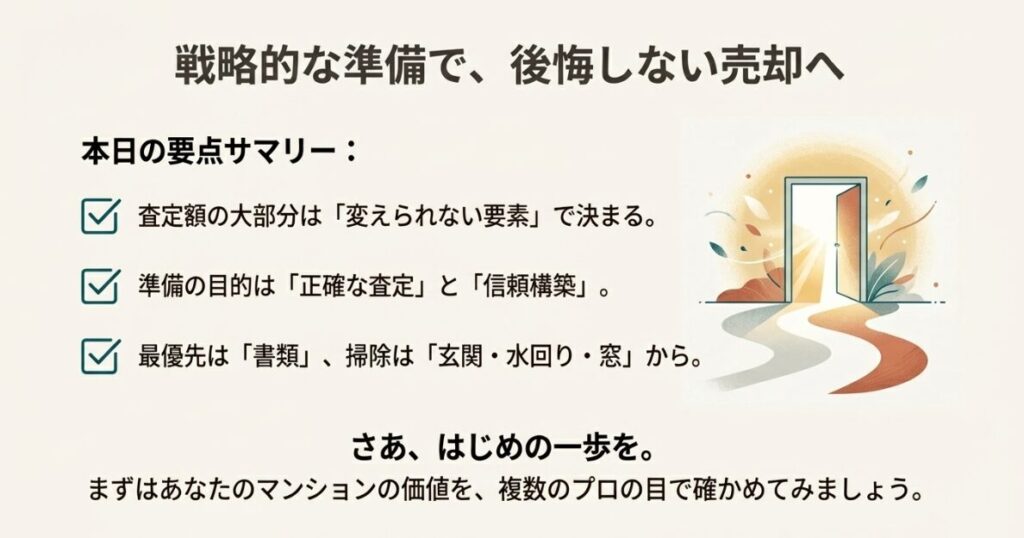 変えられない要素、書類の重要性、優先箇所の掃除など、後悔しない売却に向けた要点サマリー