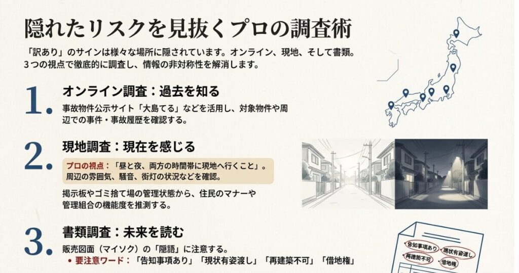 過去、現在、未来の3つの視点で物件を調査する方法をまとめたイラスト