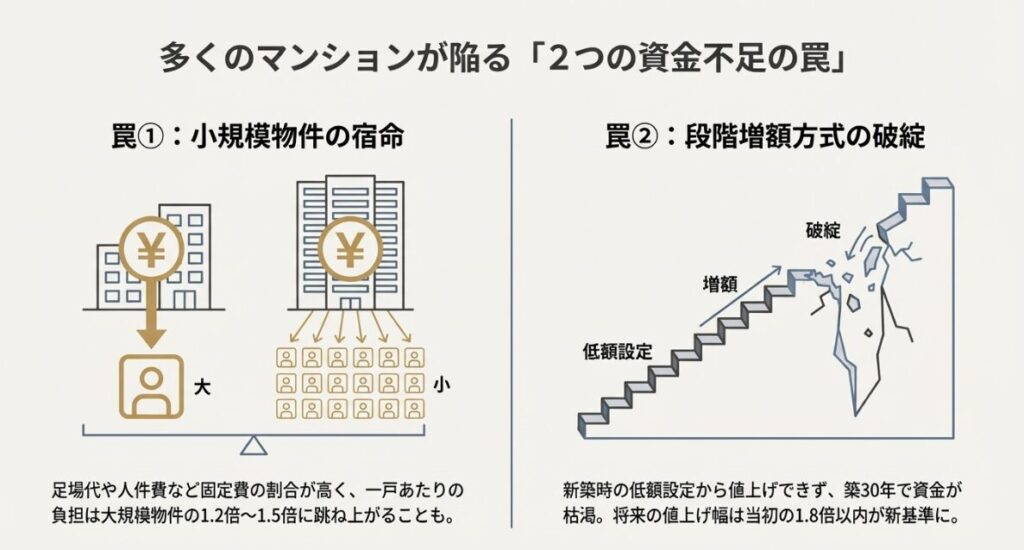 小規模物件では足場代などの固定費により一戸あたりの負担が大規模物件の1.2倍から1.5倍に跳ね上がることを説明するイラスト