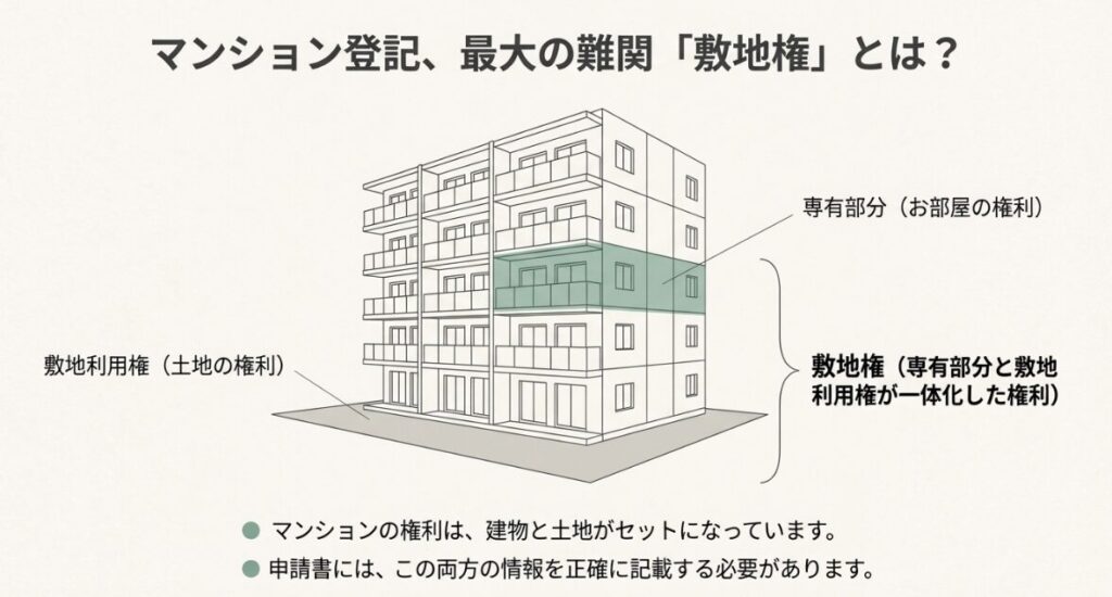 マンションの専有部分とお部屋の権利が一体化した敷地権の構造図解