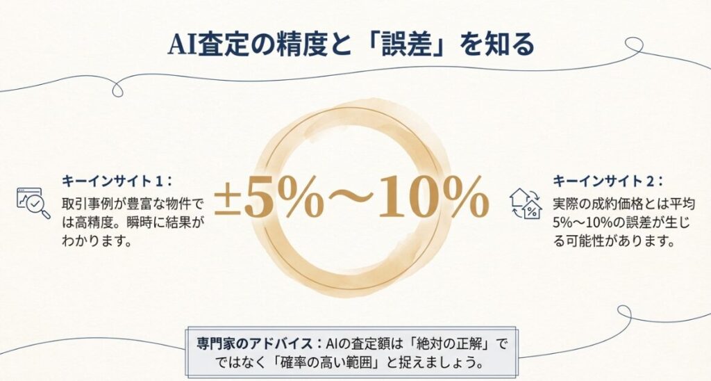 AI査定の誤差が平均5パーセントから10パーセント程度生じる可能性を示すインフォグラフィック