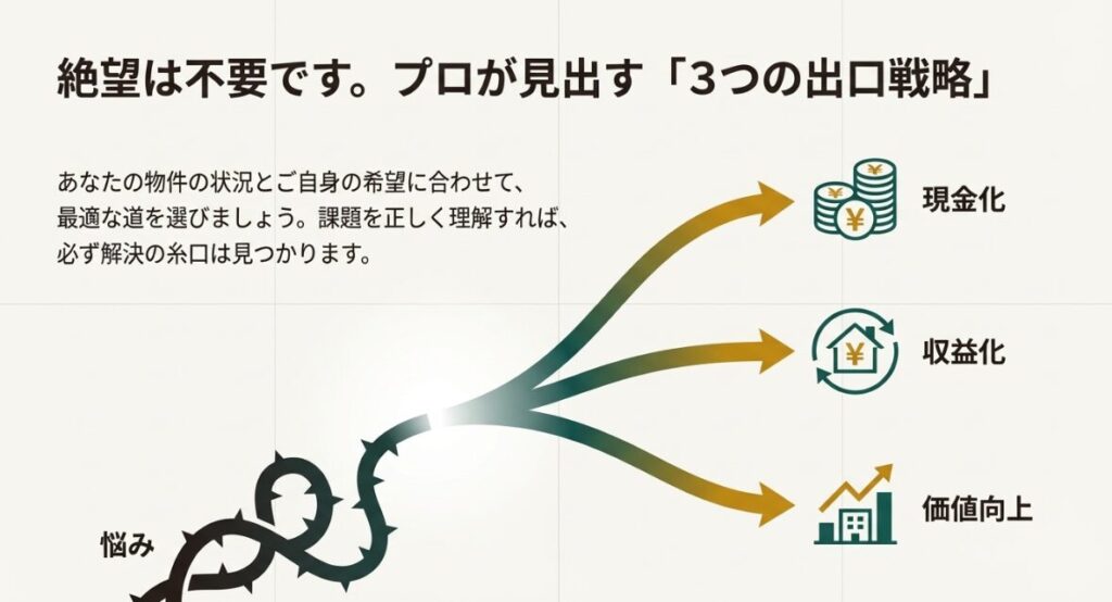 現金化、収益化、価値向上の出口戦略を提示するフロー図