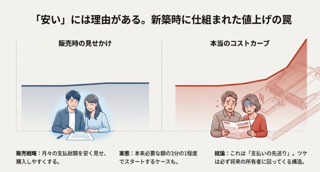 新築時の見せかけの安さと、将来的に急上昇するコストカーブを比較したイラスト