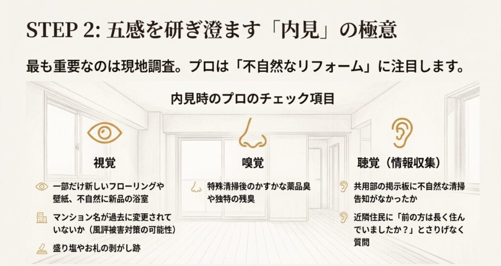 内見時に確認すべき視覚、嗅覚、聴覚のポイント。不自然なリフォームや薬品臭、近隣住民への質問例などがリストアップされている。