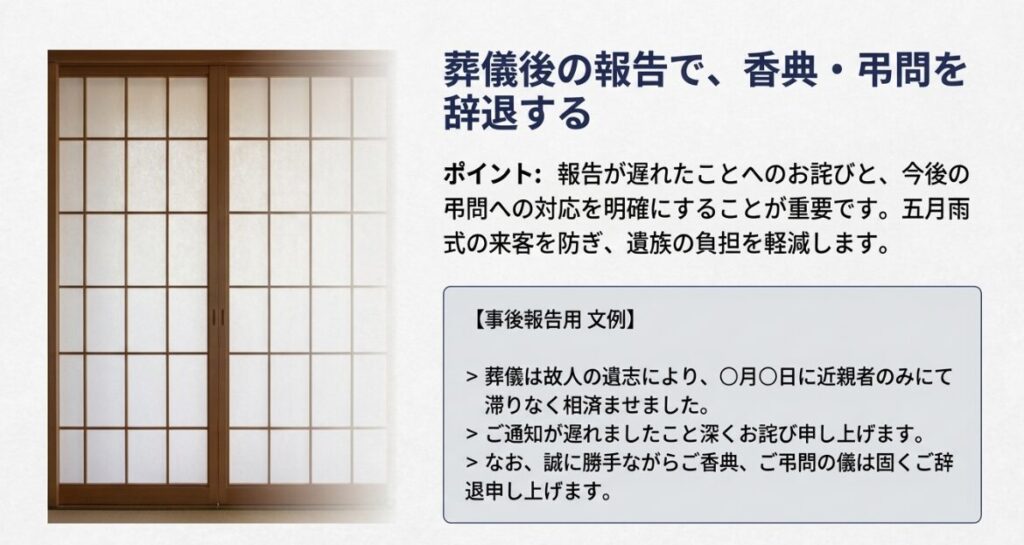 葬儀が無事に終了した報告と、遅れたお詫びに加えて香典辞退を伝える際の手紙用文例。