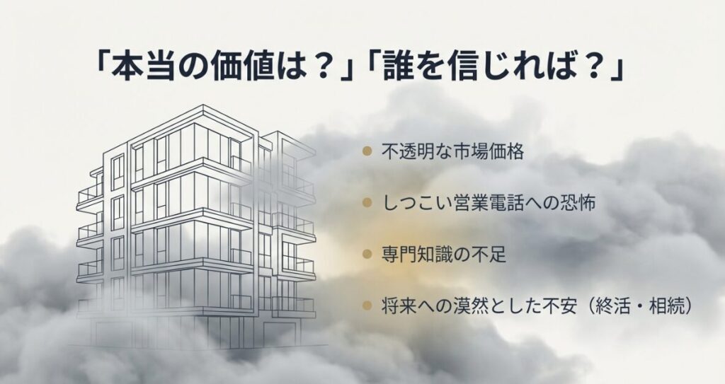 不透明な市場価格、しつこい営業電話への恐怖、専門知識の不足、終活や相続への不安など、売却時の主な悩みをまとめたリスト