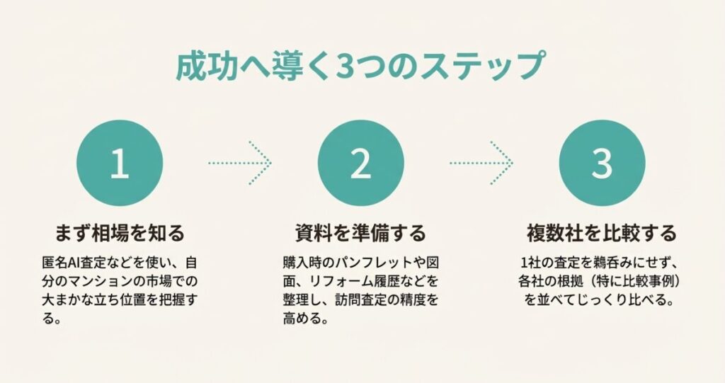 駅からの距離や広さ、築年数などの条件が自身の物件と近い事例を選ぶ重要性の説明