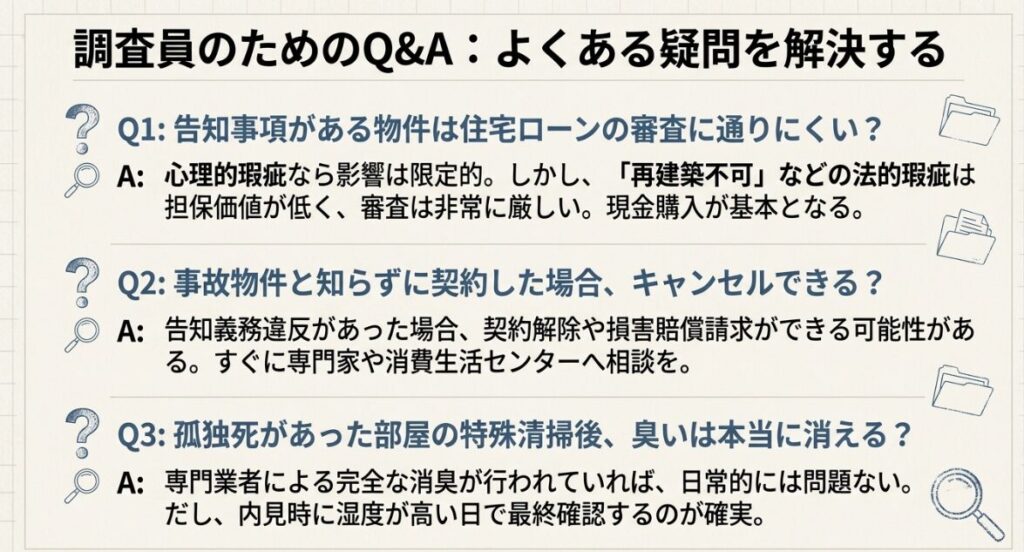 住宅ローンの審査、契約キャンセル、特殊清掃後の臭いについての3つのQ&Aをまとめたスライド