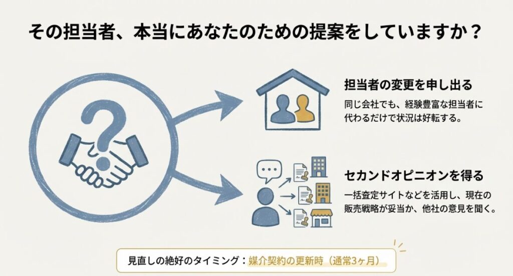 現在の担当者が最適な提案をしているか確認し、必要に応じて担当者の変更や一括査定サイトでのセカンドオピニオン取得を推奨する内容です。