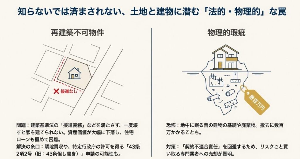 建築基準法の接道義務を満たさず再建築ができない物件の仕組みと解決策を解説したスライド資料