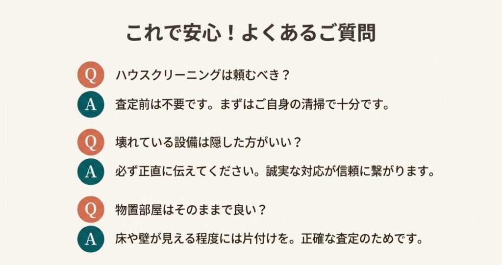 ハウスクリーニングの要否、壊れた設備の報告、物置部屋の扱いに関するFAQまとめ