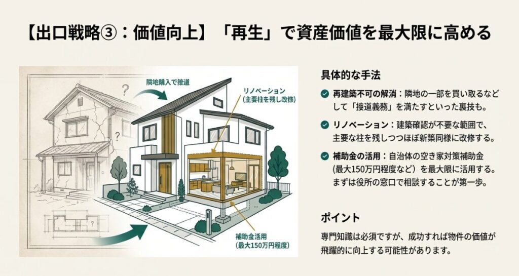 隣地購入による接道解消や補助金を活用したリノベーションのイメージ