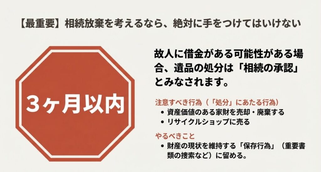 相続放棄の期限である3ヶ月以内は、資産価値のある遺産の処分をしてはいけないことを示す警告の図解