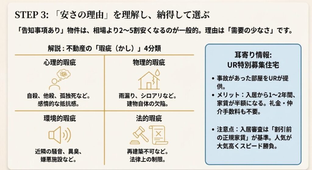 心理的瑕疵、物理的瑕疵、環境的瑕疵、法的瑕疵の4つの分類と、それぞれの具体例をまとめた比較表。