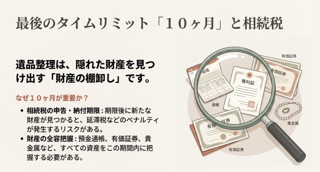 相続税の申告期限までに通帳や有価証券などの隠れた財産をすべて把握する必要性を説明する画像