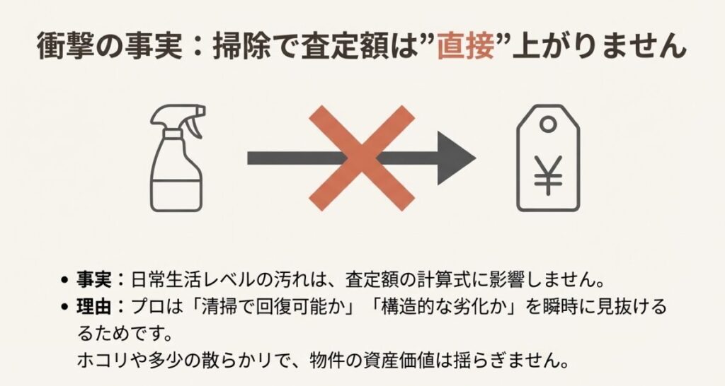 掃除をしても査定額が直接上がるわけではない理由と、プロが構造的劣化を見抜く点についての図解