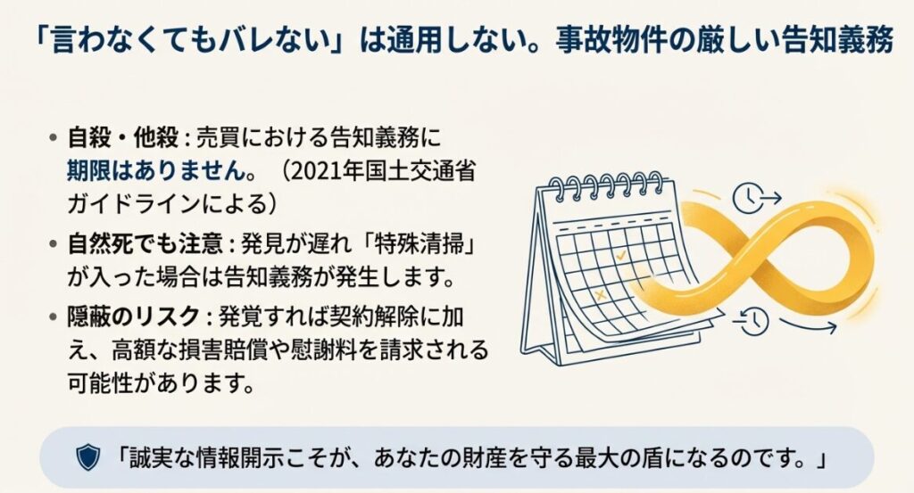 物件の瑕疵を隠して売却した場合に発生する損害賠償などのリスクを警告するスライド資料