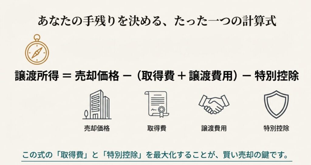 売却価格から取得費、譲渡費用、特別控除を差し引いて譲渡所得を算出する計算式を示した図解。