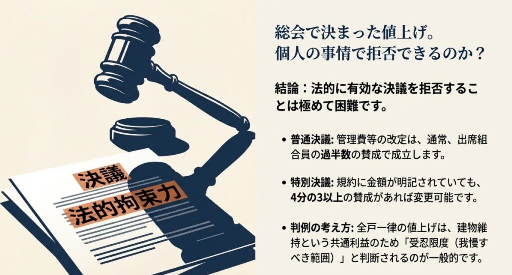 普通決議と特別決議の成立要件や、建物維持のための値上げに関する判例の考え方を示した資料