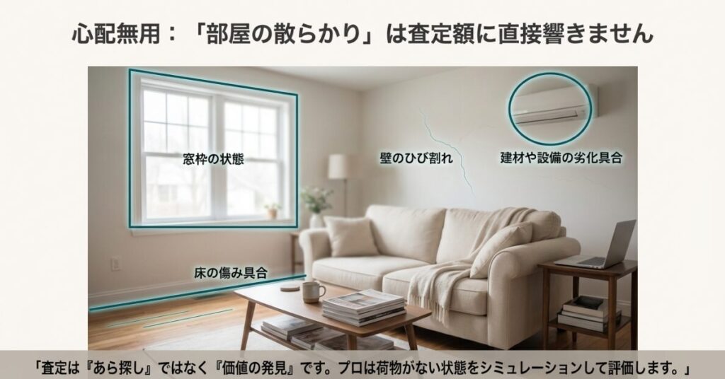 部屋の散らかりは査定に響かず、プロは窓枠や壁のひび、床の傷み、設備の劣化など建物の価値を評価することを示すイラスト