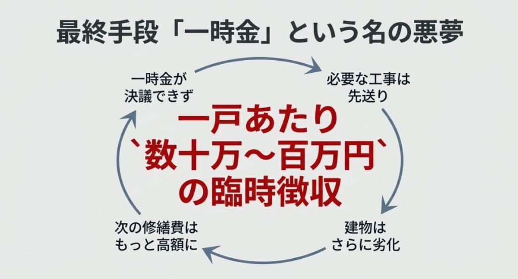 数十万から百万円単位の臨時徴収が決議できず、工事が先送りされることで建物が劣化し、修繕費がさらに高騰する負のループを示す図解