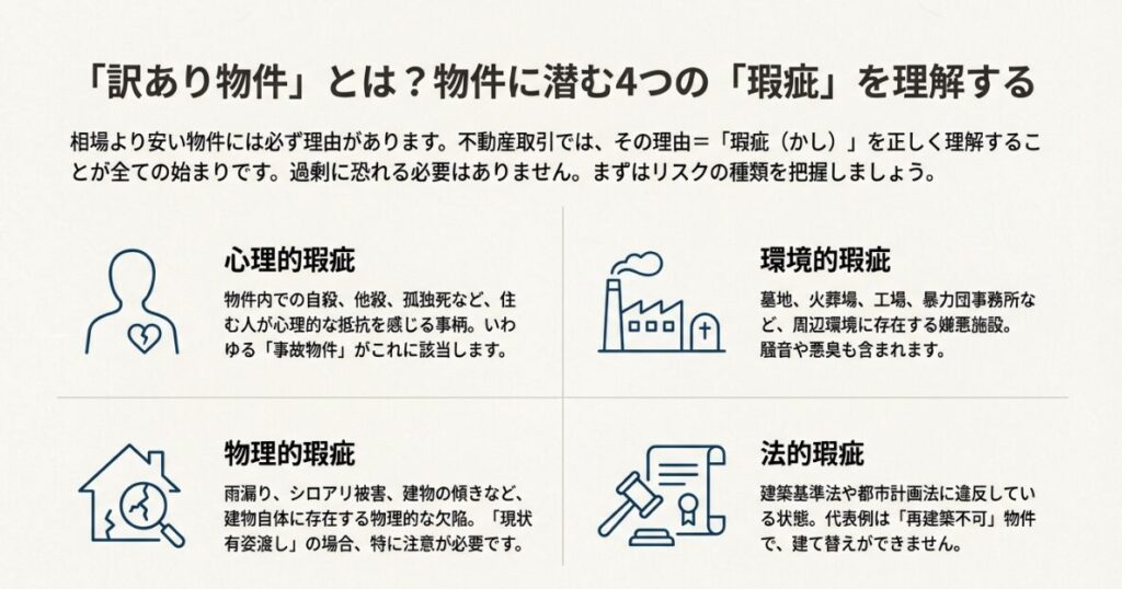 心理的瑕疵、環境的瑕疵、物理的瑕疵、法的瑕疵の4つの分類と具体例を説明する図解