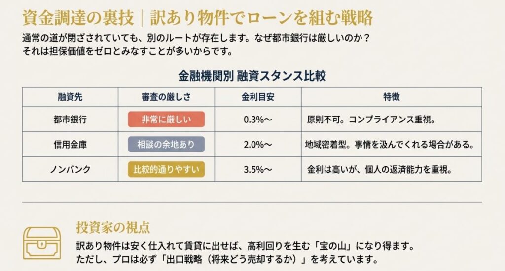 瑕疵の理解、告知義務、資金戦略、出口戦略という、賢く物件を選ぶためのプロの視点を整理したまとめスライド