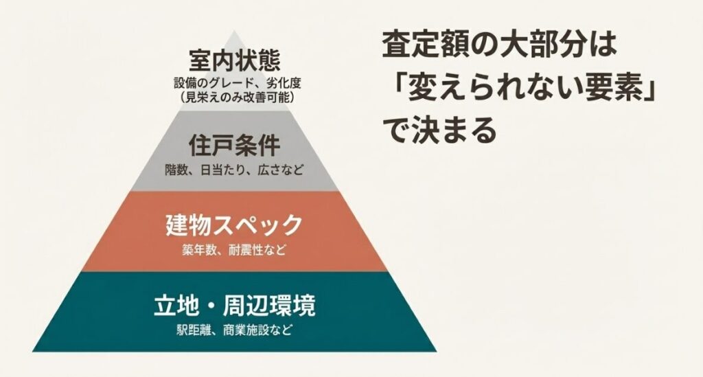 立地、築年数、階数、日当たりなど、マンション査定額の大部分を決める要素のリスト