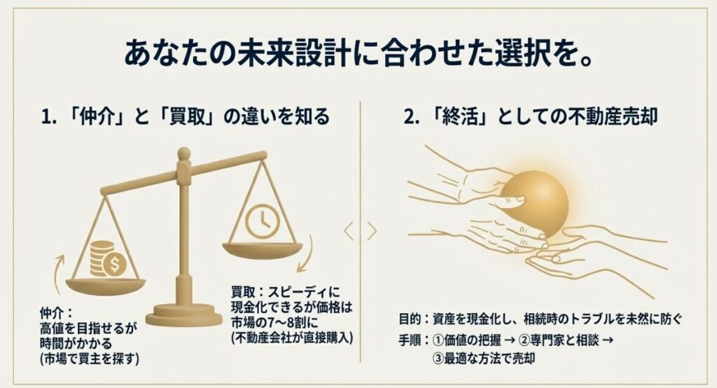 高値を目指せる仲介とスピーディに現金化できる買取の違いを天秤のイラストで比較した図解です