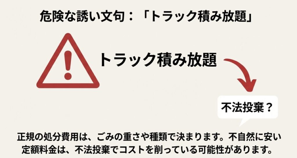 不自然に安い定額料金が不法投棄につながるリスクを警告する図