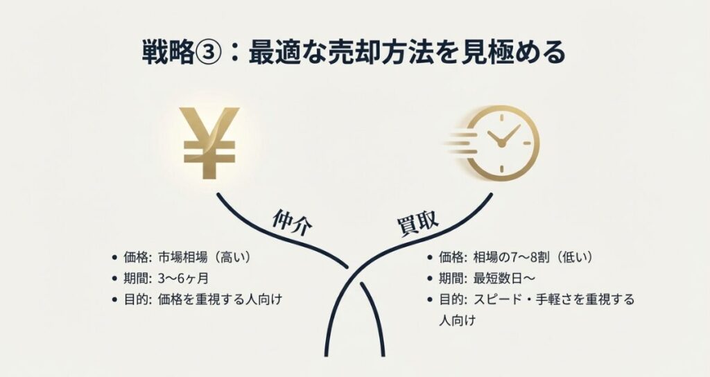価格重視の仲介(市場相場で3〜6ヶ月)とスピード重視の買取(相場の7〜8割で最短数日)の違いを比較した表