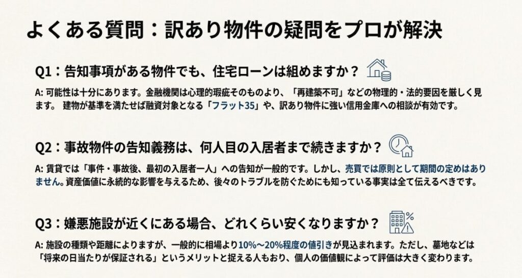 住宅ローン、告知義務の継続期間、嫌悪施設の影響度に関するFAQ