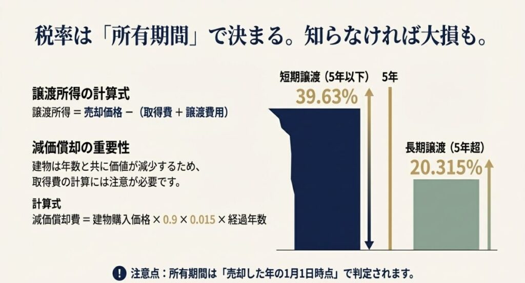 建物購入価格に0.9、0.015、経過年数を掛け合わせて減価償却費を算出する計算のプロセスを示した図