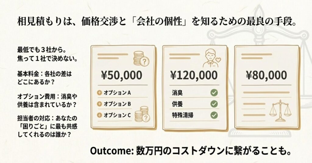 基本料金や消臭、供養などのオプション費用を複数社で比較し、最適な担当者を選ぶ重要性を示した比較イメージ