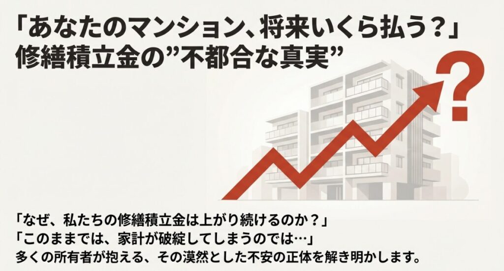 マンションの修繕積立金が将来いくらになるのかという不安を提示するタイトルスライド