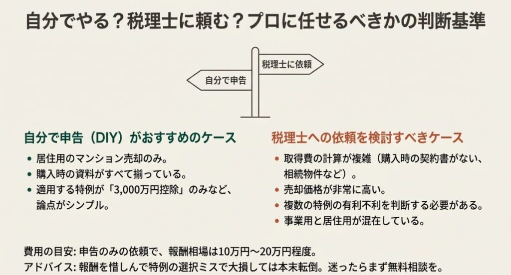 自分で申告できるケースと税理士に任せるべき複雑なケースの仕分け、および税理士報酬の目安をまとめた比較スライドです。